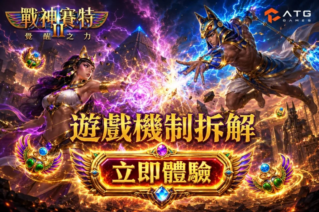 戰神優塔2遊戲機制解析圖片，展示埃及神話對決場景，介紹 ATG 戰神優塔2核心玩法與特色機制。
