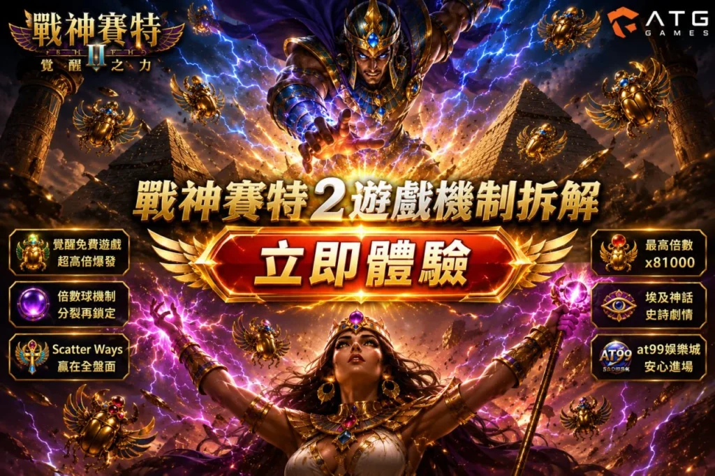 戰神優塔2遊戲機制宣傳圖，介紹覺醒免費遊戲、倍數球、Scatter Ways、最高81000倍與埃及神話特色玩法。